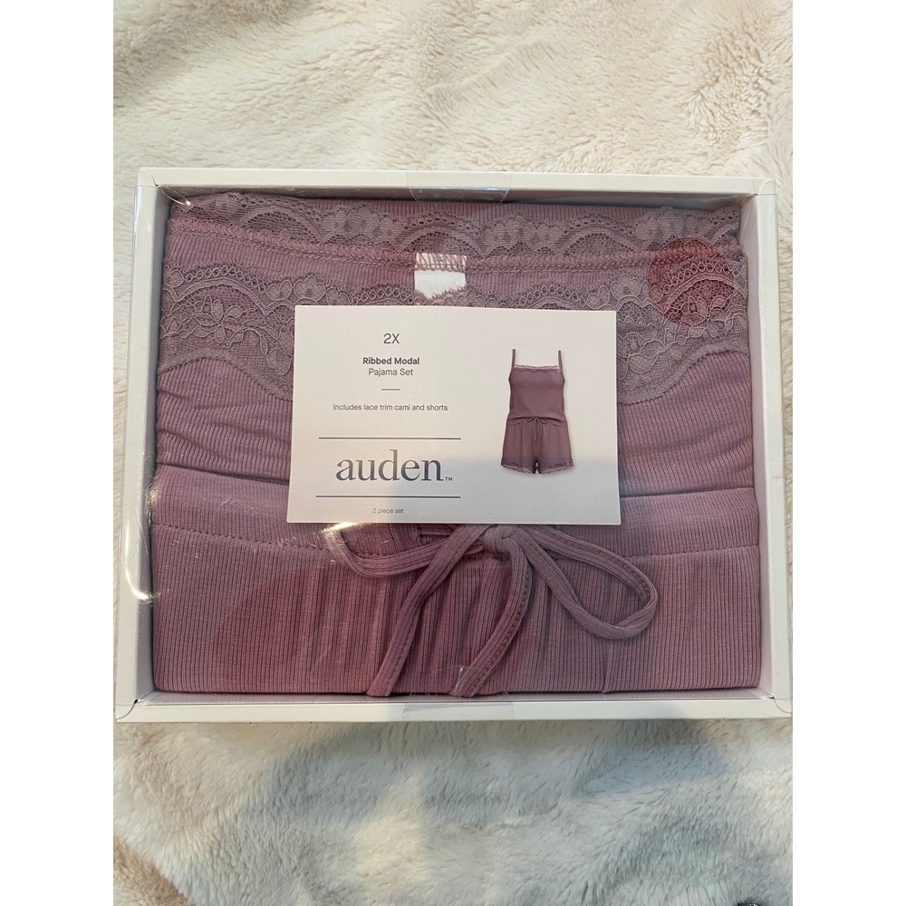 Auden Ribbed Modal Pajama Set Mauve Purple Lace Trim Cami and Shorts 2X NEW